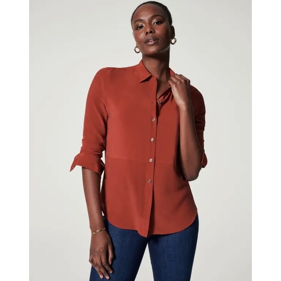 SPANX Low Maintenance 100% Silk Button-Up Shirt Deep Amber Womens Size L NWOT - Picture 1 of 8